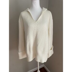 Anthopologie Women S Cream Sweater Hooded V‎ Neck Roll Cuff Oversized Cozy Thick